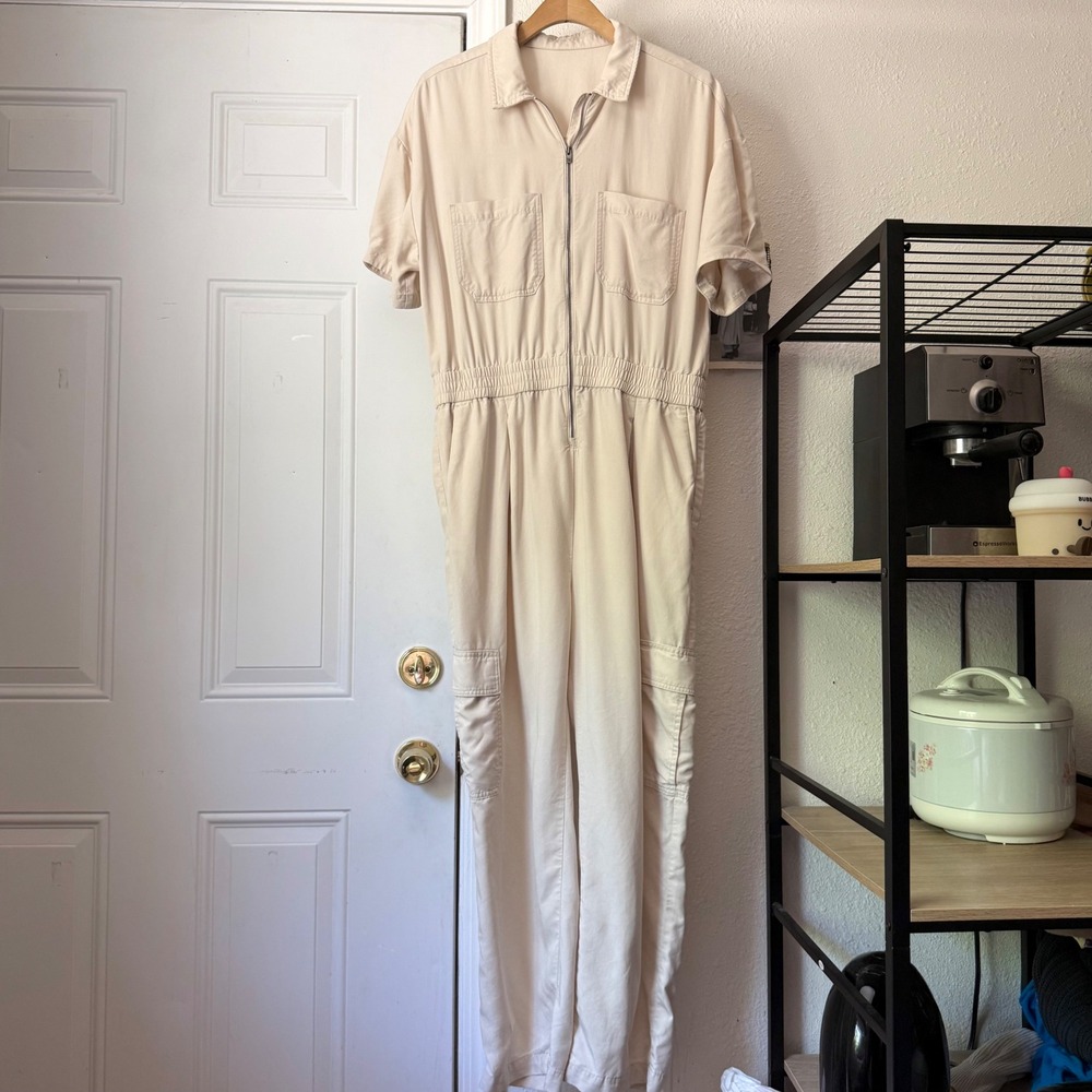 VUORI cream ivory lyocell zip up short sleeve wide‎ straight leg jumpsuit